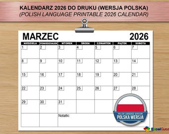 Calendario polaco 2026 imprimible / Letra grande / Polski Kalendarz 2026 / Inicio domingo y lunes