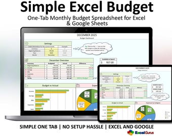 Plantilla de presupuesto mensual en una sola pestaña / Plantilla sencilla de Excel y Google Sheets (Descarga digital)
