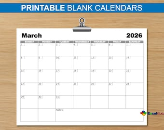 Calendario mensual imprimible 2026 / Diseño minimalista / Inicio en domingo y lunes / Planificador en PDF