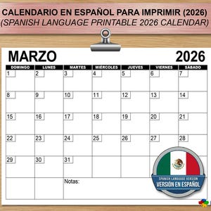 Peut inclure: Calendrier imprimable en espagnol pour 2026, affichant le mois de mars. La grille du calendrier est blanche avec du texte noir. Un emblème du drapeau mexicain est dans le coin inférieur droit. Le titre est "CALENDARIO EN ESPAÑOL PARA IMPRIMIR (2026)".