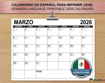Calendario español 2026 imprimible / Letra grande / Calendario en español / Inicio domingo y lunes
