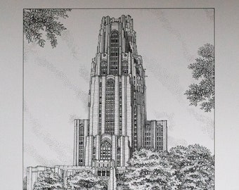 May include: Black and white line art print of the Cathedral of Learning at the University of Pittsburgh, with a black panther statue in the foreground. The print is signed "M. Mann 17/450".