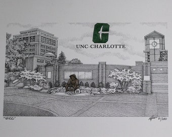 UNC Charlotte Miner Statue 11x14 pen and ink