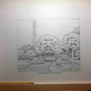 May include: A black and white pencil drawing of a campus scene with a tall tower, trees, a gazebo, and a fountain. The text "METHODIST UNIVERSITY" is at the bottom of the image.