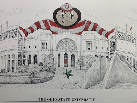 Cincinnati front Stadium ペン画 Ohio State - 11x17 Pen and Ink Print of Football Stadium From Hand