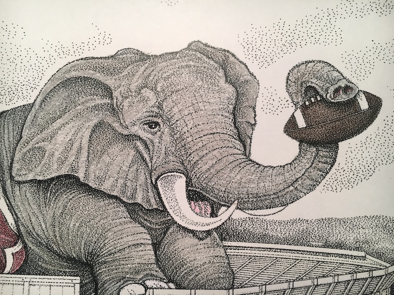 May include: A black and white illustration of an elephant holding a football in its trunk. The elephant is drawn in a stippled style, with small dots creating the image.