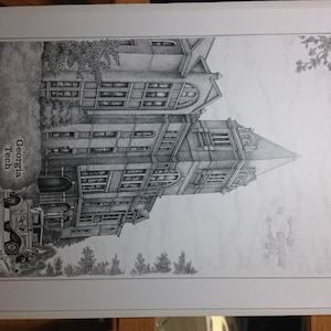 May include: A black and white pen and ink drawing of a building with the words "Georgia Tech" written below. The building is a large, brick structure with a tower in the center. The drawing is signed "M. James".