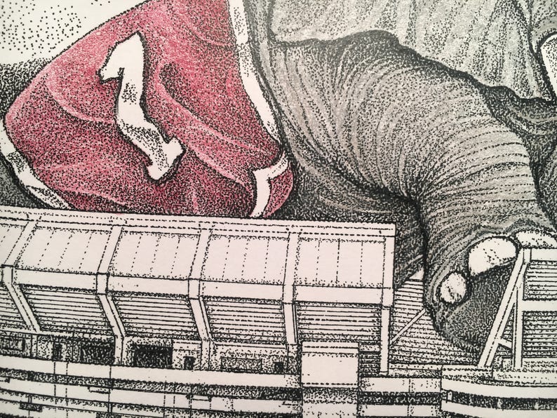 May include: A black and white illustration of a large elephant wearing a red jersey with the number "1" on it. The elephant is standing on top of a stadium with bleachers.