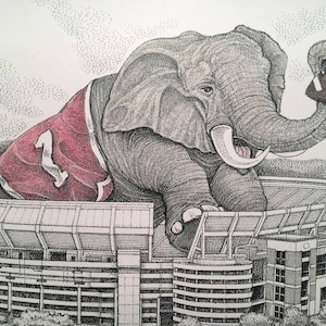May include: A gray elephant wearing a red and white jersey with the number "1" on it. The elephant is holding a football in its trunk and is standing in front of a stadium.
