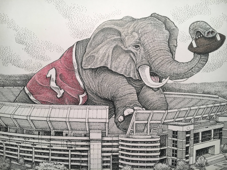 May include: A gray elephant wearing a red and white jersey with the number "1" on it. The elephant is holding a football in its trunk and is standing in front of a stadium.
