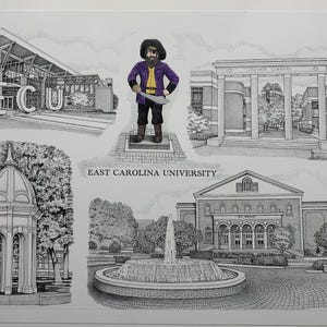 May include: A black and white drawing of the East Carolina University campus. The drawing includes the ECU sign, a fountain, a building with columns, and a pirate mascot.