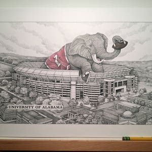Alabama football stadium 11"x17" pen and ink print with hand-colored elephant