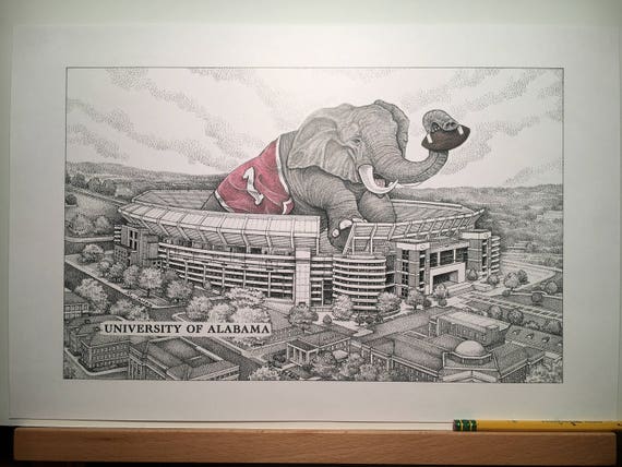 Alabama football stadium 11"x17" pen and ink print with hand-colored elephant