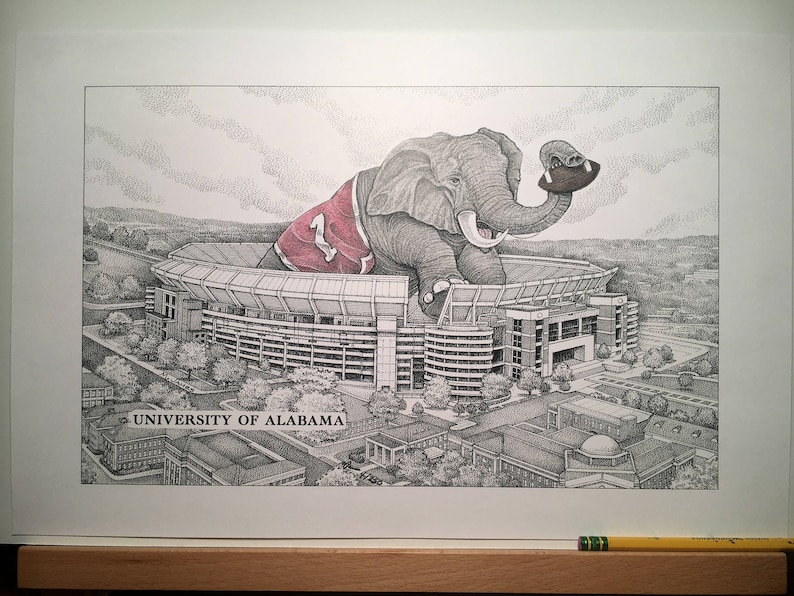 May include: A black and white drawing of an elephant wearing a red and white jersey with the number "1" on it. The elephant is holding a football and is standing on top of a stadium. The stadium is labeled "University of Alabama".