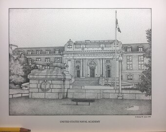 May include: A black and white pen and ink drawing of Bancroft Hall at the United States Naval Academy. The drawing depicts the building's facade, a cannon, and a flagpole with the American flag.