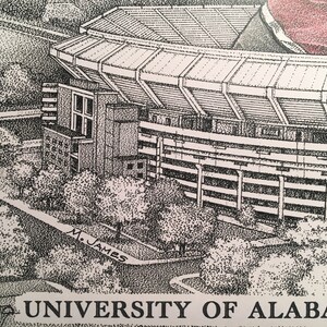 May include: Black and white pen and ink drawing of a stadium with the words "UNIVERSITY OF ALABAMA" and "M. JAMES" written on the drawing.