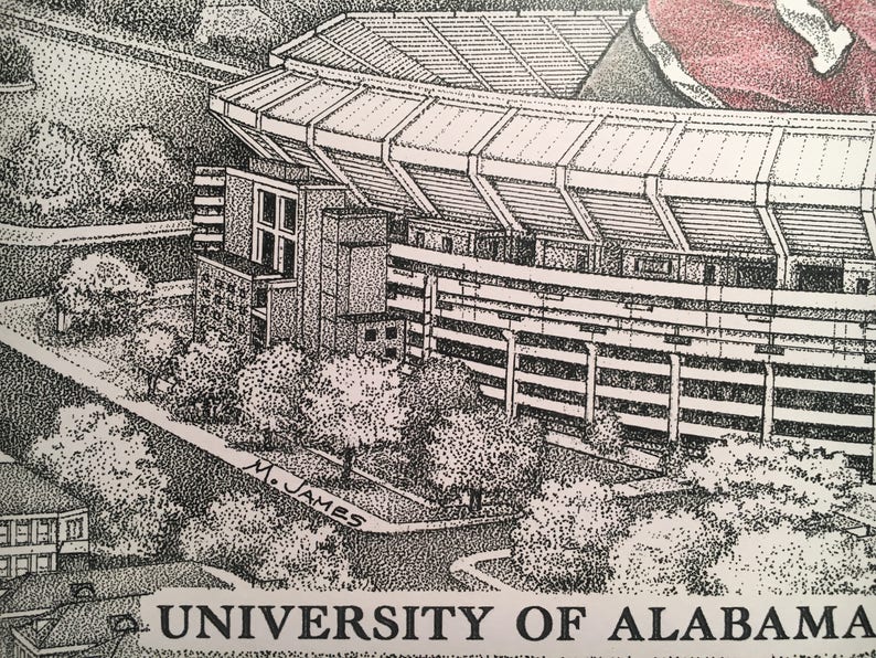 May include: Black and white pen and ink drawing of a stadium with the words "UNIVERSITY OF ALABAMA" and "M. JAMES" written on the drawing.
