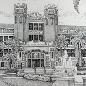 May include: A black and white pen and ink drawing of a building with two towers. The building has a fountain in front of it and palm trees on either side. The text "Florida State" is at the bottom of the image.
