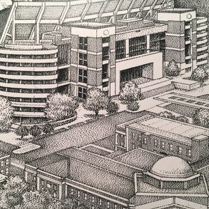 May include: Black and white pen and ink drawing of a stadium with buildings and trees. The drawing is detailed and intricate, with a stippled effect.