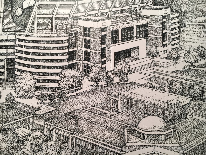 May include: Black and white pen and ink drawing of a stadium with buildings and trees. The drawing is detailed and intricate, with a stippled effect.