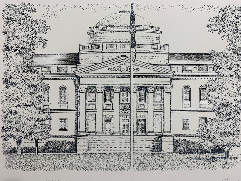 以下が含まれることがあります： ドームと旗竿のある大きな建物の白黒の線画。建物には多くの窓と大きな入り口があります。図面は、多くの小さな点で構成されたスティップルスタイルで描かれています。