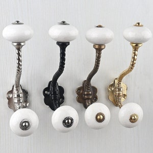 Handmade Solid White Ceramic Blue Pottery Hanger Vintage Metal Wall Hooks Bathroom Hardware Hooks
