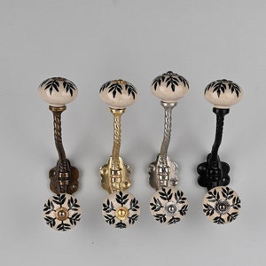 Black  Off White Floral Ceramic Wall Hook | Vintage Metal Furniture Hook | Handmade Bath & Coat Hanger | Decorative Home Hardware