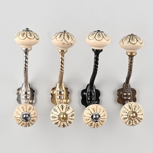 Cream Decorative Handmade Ceramic Wall Hook | Vintage Coat Hanger | Metal Hooks for Furniture & Bath(Sold in Sets)