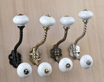 White Cracked Ceramic Wall Hook Handmade Vintage Metal Bathroom Decor
