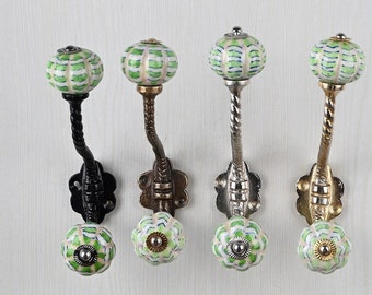 Gancho de pared de cerámica hecho a mano, de color verde y blanco roto, de metal vintage, para muebles y baño, decorativo.
