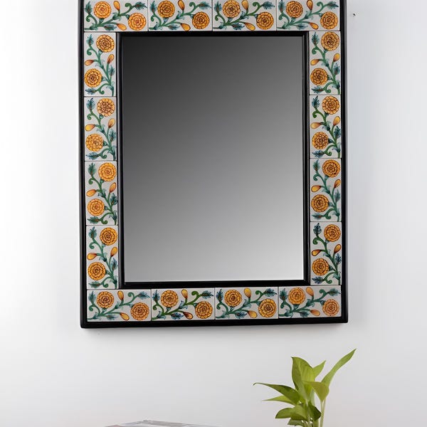 Handmade Yellow Marigold Floral Tile Mirror: Custom Size Home Decor