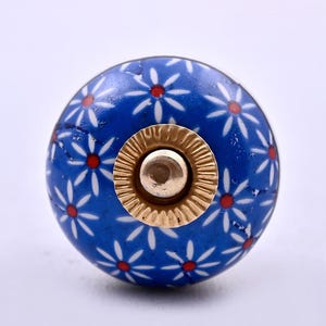 Handmade Red, Blue & White Floral Design Ceramic Cabinet Knob