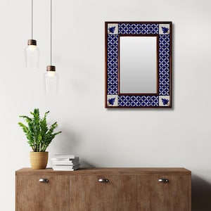 Blue  & Floral White Tile Mirror - Decorative Wall Mirror For Home Decor, Unique Gift Idea, Boho Chic Style, Vintage Accent