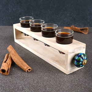 Shot Glass Holder Wooden Set with 4 Glasses & Assorted Ceramic Knobs, Party Favor, Liquor and Coffee Shot Gift