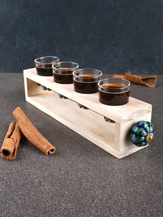 New Wooden Shot Glass Holder With Four Shot Glasses and Assorted