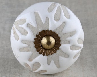 Handmade Round White Ceramic Embossed Floral Design Door Knob