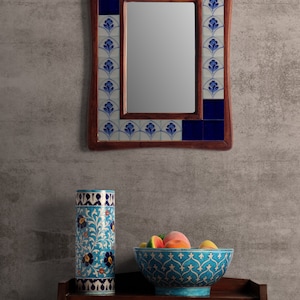 Wall Mirror Hanging Blue White Tile Frame Decorative for Living Room Bathroom Home Decor