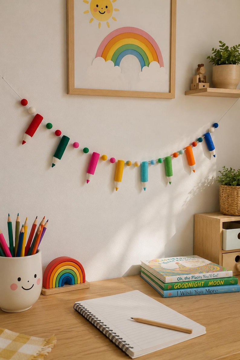 May include: A felt garland featuring miniature pencil shapes in red, dark green, pink, yellow, light blue, lime green, and orange, interspersed with small multicolored felt balls, hanging horizontally against a plain white wall.