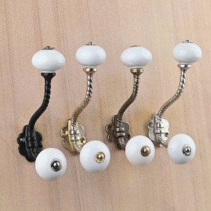 Handmade Ceramic Wall Hook: White Pottery Hanger, Metal Accent