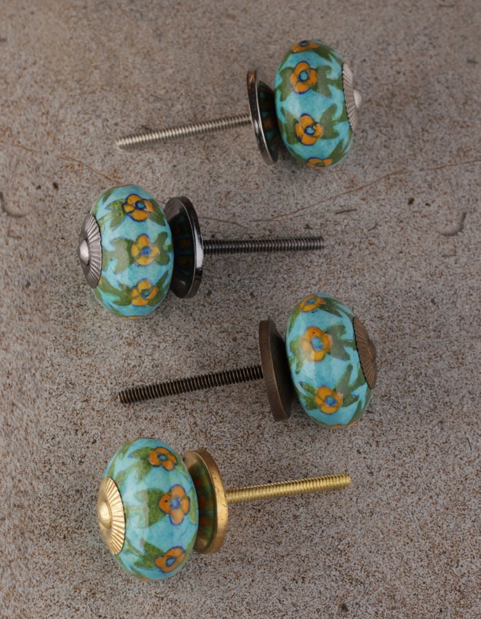 Bathroom Beaded Knobs With Turquoise Floral Print (sold in Sets) - Etsy