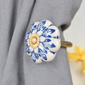 Handmade Ceramic Flower Curtain Tie Back Hook: Blue & Off White