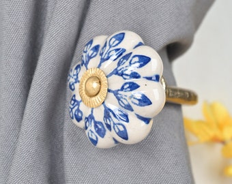 Handmade Ceramic Flower Curtain Tie Back Hook: Blue & Off White