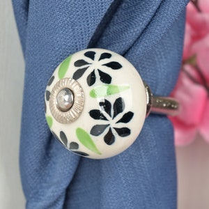 Handmade Ceramic Curtain Tie Back: Black & Lime Floral Towel Hook Silver(3")