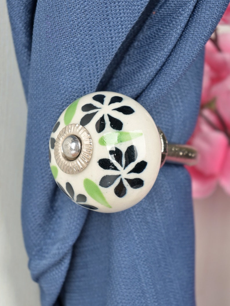Handmade Ceramic Curtain Tie Back: Black & Lime Floral Towel Hook Silver(3")