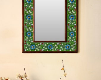Espejo de cerámica hecho a mano: colgante de pared con diseño floral verde
