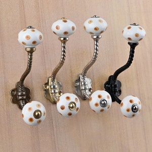 Handmade Ceramic Wall Hooks - White Brown Dotted Blue Pottery Hangers, Vintage Metal Furniture & Bath Hooks