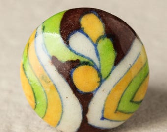 Handmade Ceramic Drawer Knob: Yellow, Green & Brown Painted Hardware