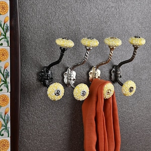 Yellow Ceramic Decorative Wall Hooks, Vintage Metal Coat Hangers, Handcrafted Bathroom Hooks, Ethnic Wall Hardware for Scarves & Jewelry