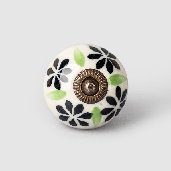 Handmade Decorative Round Shape Black and Lime Green Design on Off White Base Ceramic Cabinet Knobs (Sold in Sets)