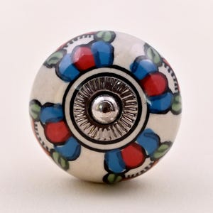 Handmade White, Blue & Red Floral Ceramic Cabinet Knob
